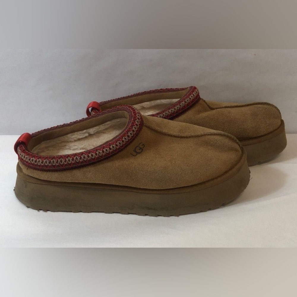 UGG Tan Slip-On Shoes with Red Trim